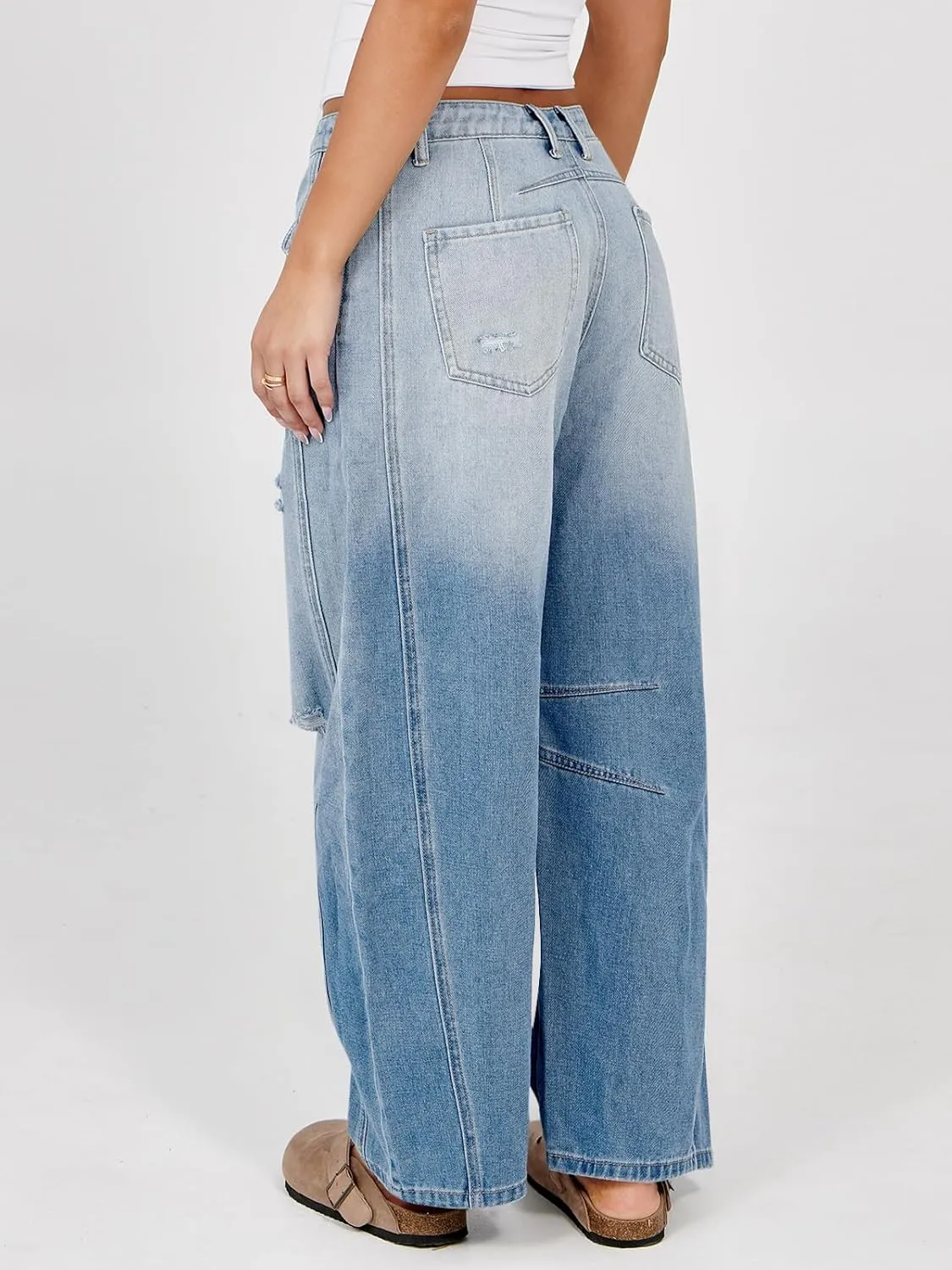 Tankaneo Womens Ripped Barrel Jeans Baggy Boyfriend Horseshoe Mid Rise Wide Leg Vintage Cropped Denim Pants