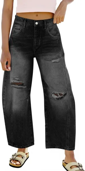 Tankaneo Womens Ripped Barrel Jeans Baggy Boyfriend Horseshoe Mid Rise Wide Leg Vintage Cropped Denim Pants