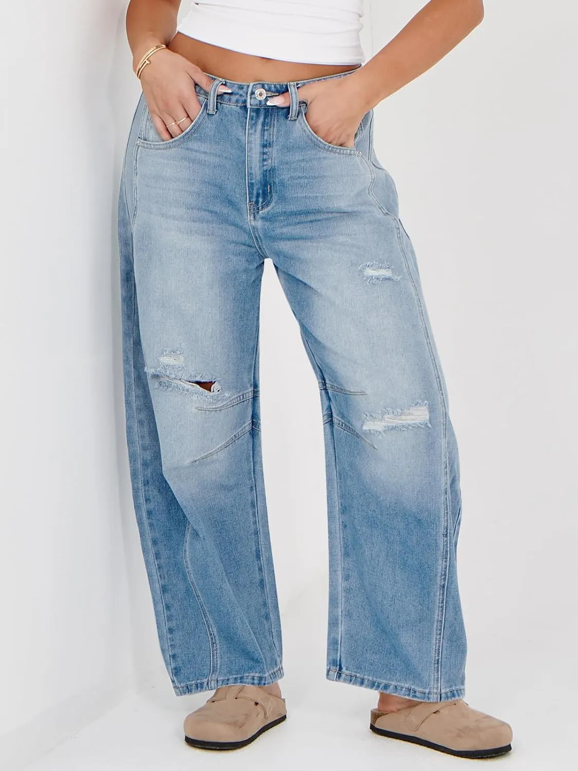 Tankaneo Womens Ripped Barrel Jeans Baggy Boyfriend Horseshoe Mid Rise Wide Leg Vintage Cropped Denim Pants