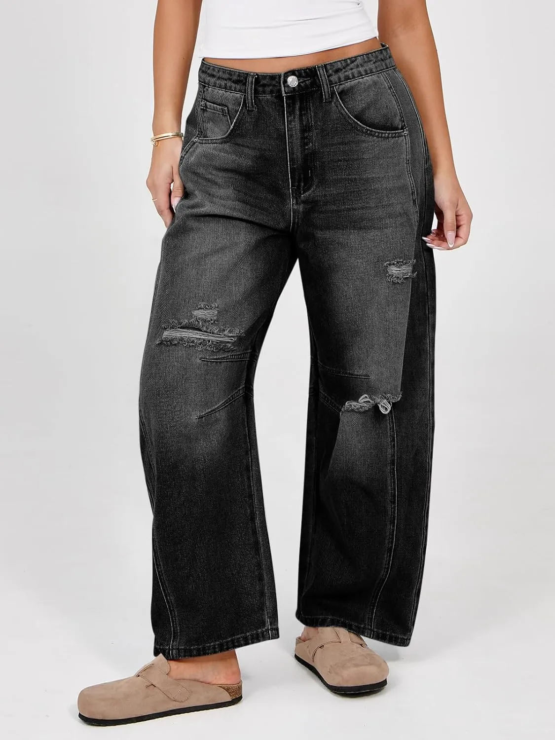 Tankaneo Womens Ripped Barrel Jeans Baggy Boyfriend Horseshoe Mid Rise Wide Leg Vintage Cropped Denim Pants
