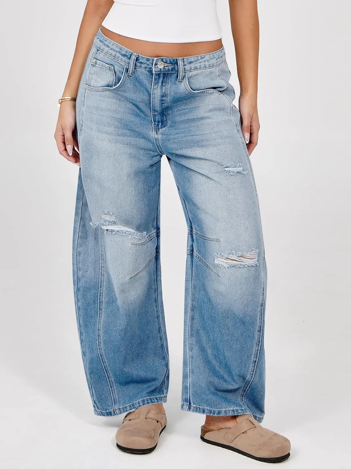 Tankaneo Womens Ripped Barrel Jeans Baggy Boyfriend Horseshoe Mid Rise Wide Leg Vintage Cropped Denim Pants