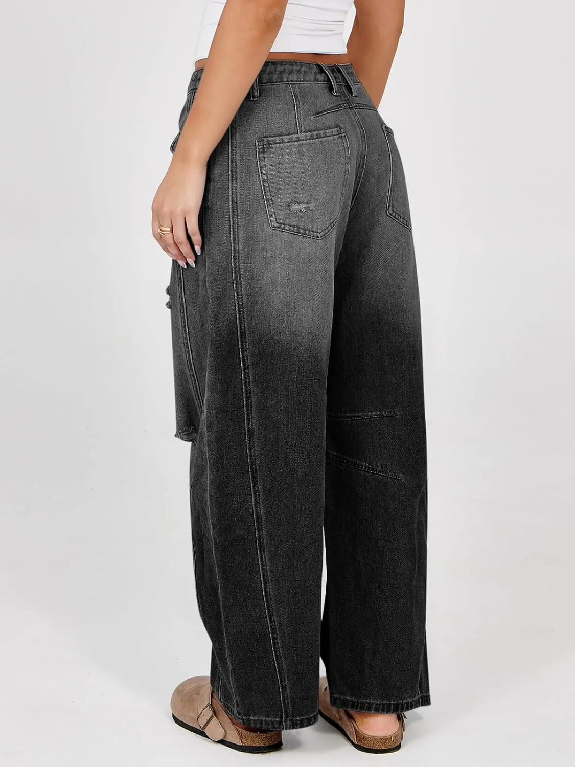Tankaneo Womens Ripped Barrel Jeans Baggy Boyfriend Horseshoe Mid Rise Wide Leg Vintage Cropped Denim Pants