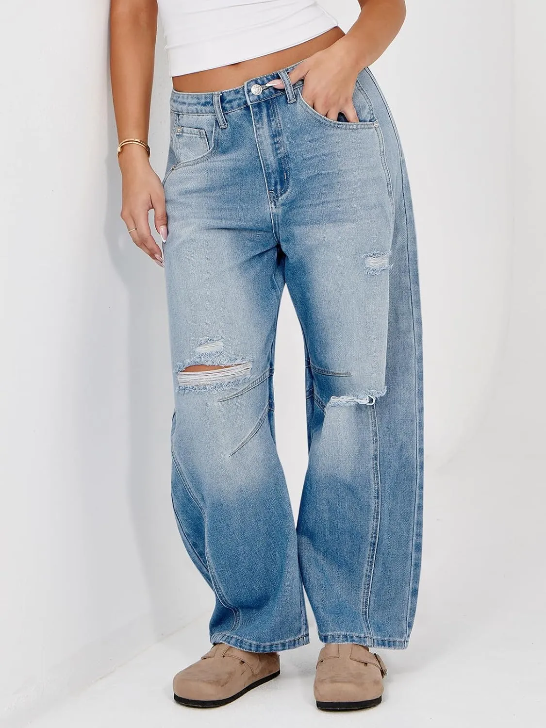 Tankaneo Womens Ripped Barrel Jeans Baggy Boyfriend Horseshoe Mid Rise Wide Leg Vintage Cropped Denim Pants