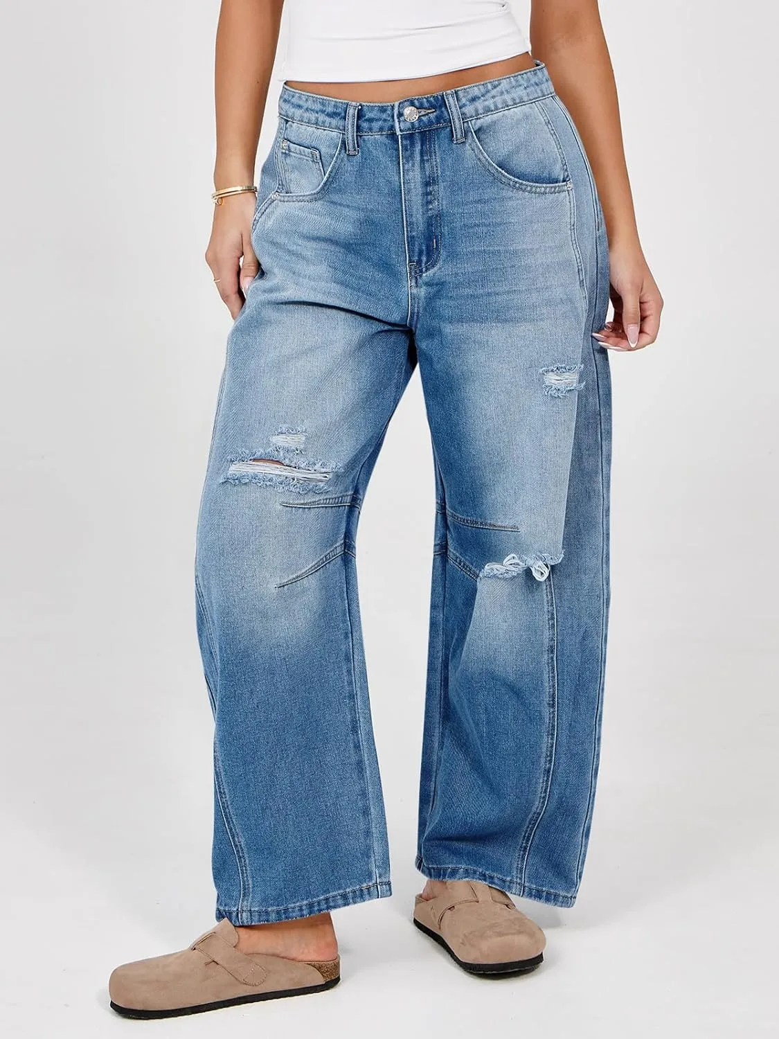 Tankaneo Womens Ripped Barrel Jeans Baggy Boyfriend Horseshoe Mid Rise Wide Leg Vintage Cropped Denim Pants