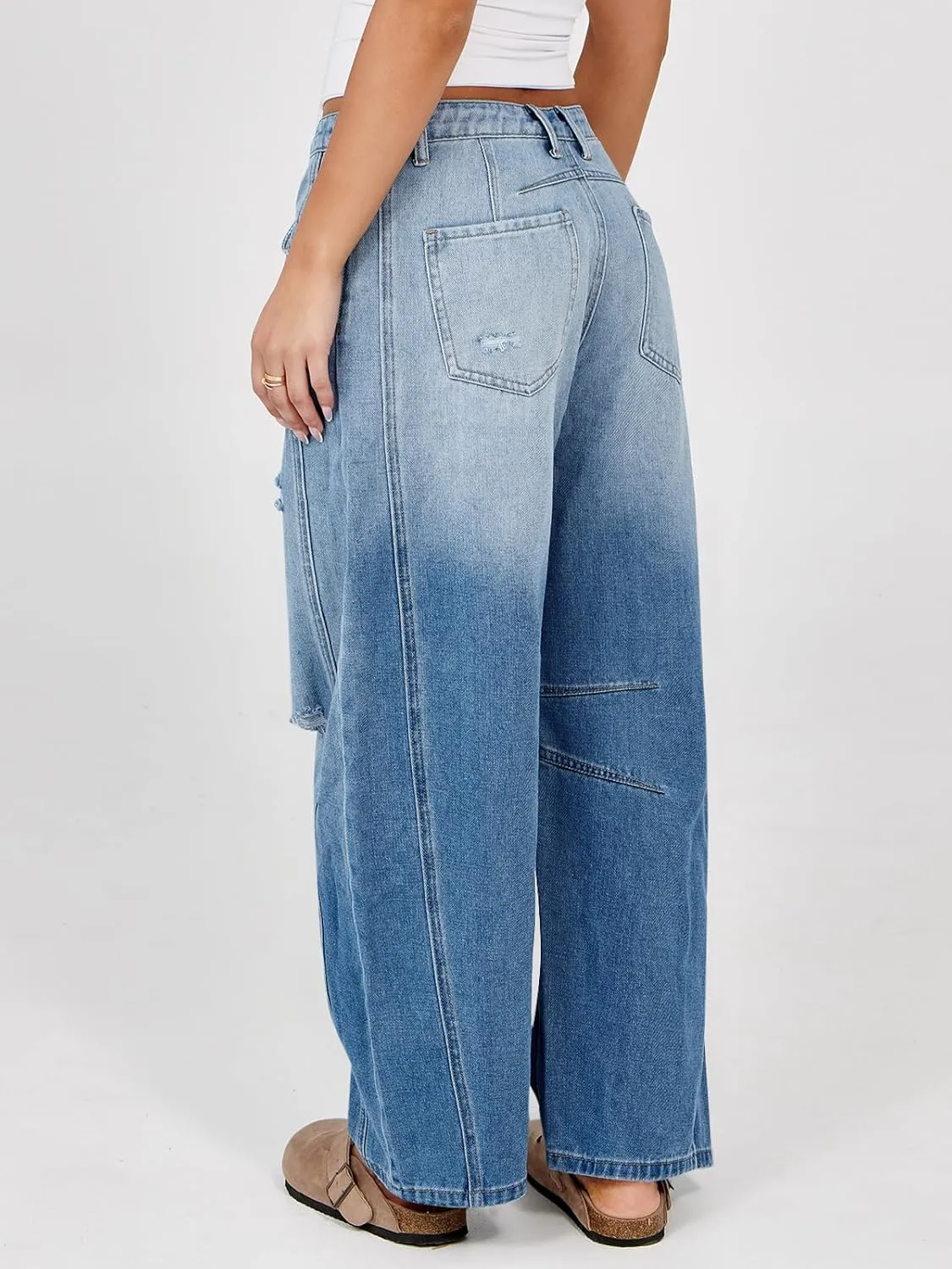 Tankaneo Womens Ripped Barrel Jeans Baggy Boyfriend Horseshoe Mid Rise Wide Leg Vintage Cropped Denim Pants