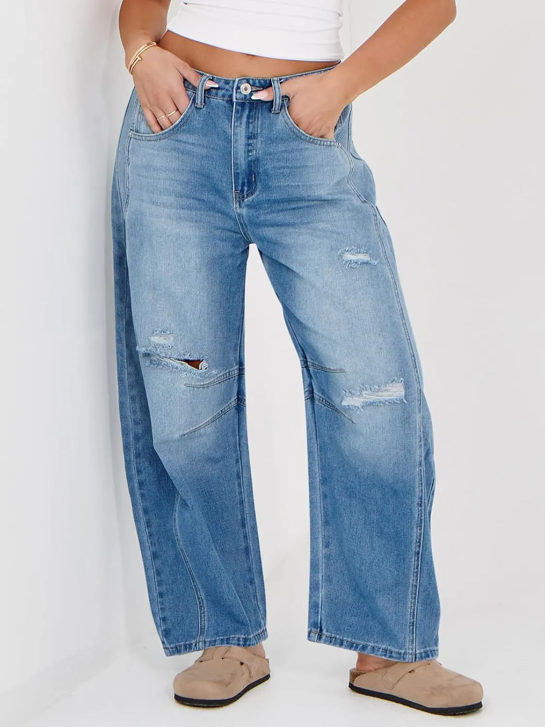 Tankaneo Womens Ripped Barrel Jeans Baggy Boyfriend Horseshoe Mid Rise Wide Leg Vintage Cropped Denim Pants