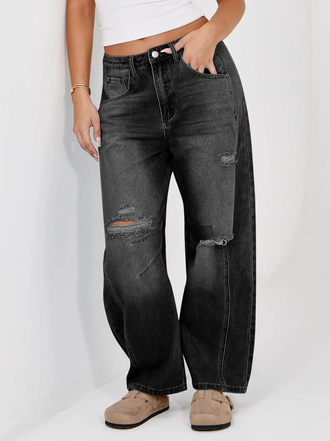 Tankaneo Womens Ripped Barrel Jeans Baggy Boyfriend Horseshoe Mid Rise Wide Leg Vintage Cropped Denim Pants