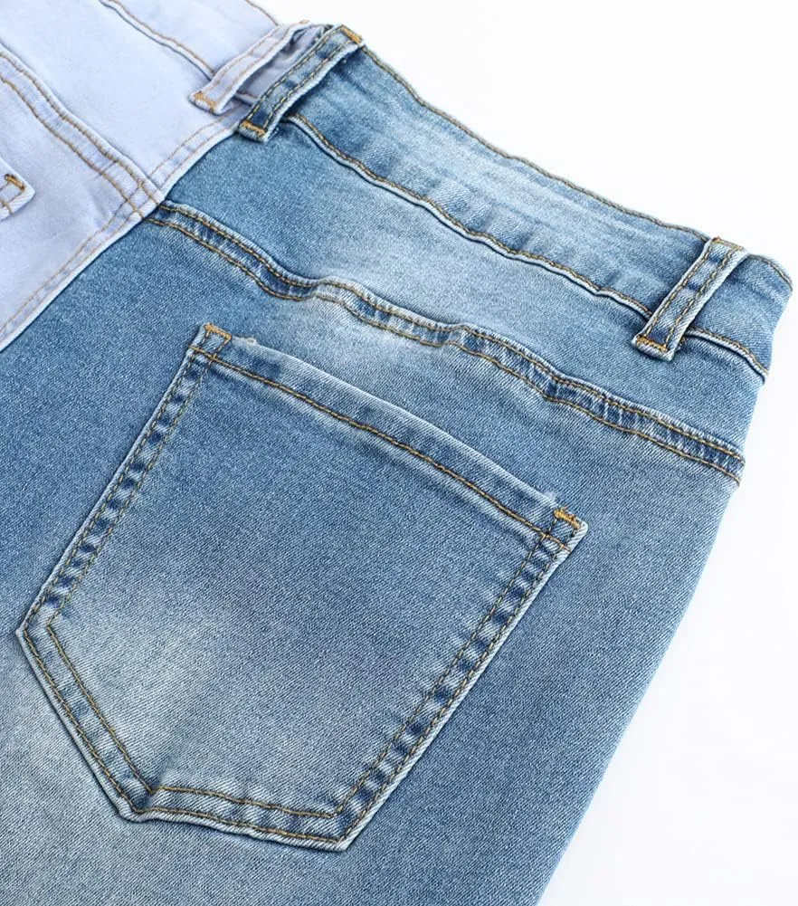 THUNDER STAR Womens Patchwork Straight Leg Jeans Mid Rise Stretch Frayed Denim Pants
