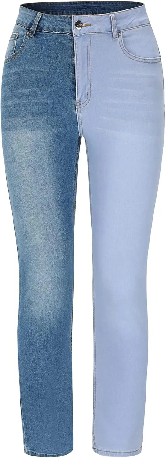 THUNDER STAR Womens Patchwork Straight Leg Jeans Mid Rise Stretch Frayed Denim Pants