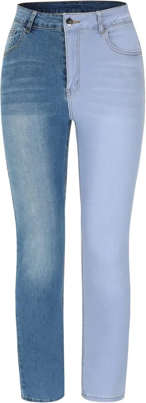 THUNDER STAR Womens Patchwork Straight Leg Jeans Mid Rise Stretch Frayed Denim Pants
