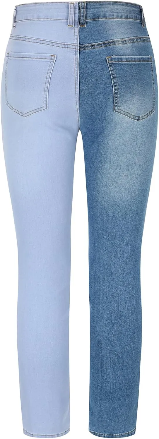 THUNDER STAR Womens Patchwork Straight Leg Jeans Mid Rise Stretch Frayed Denim Pants