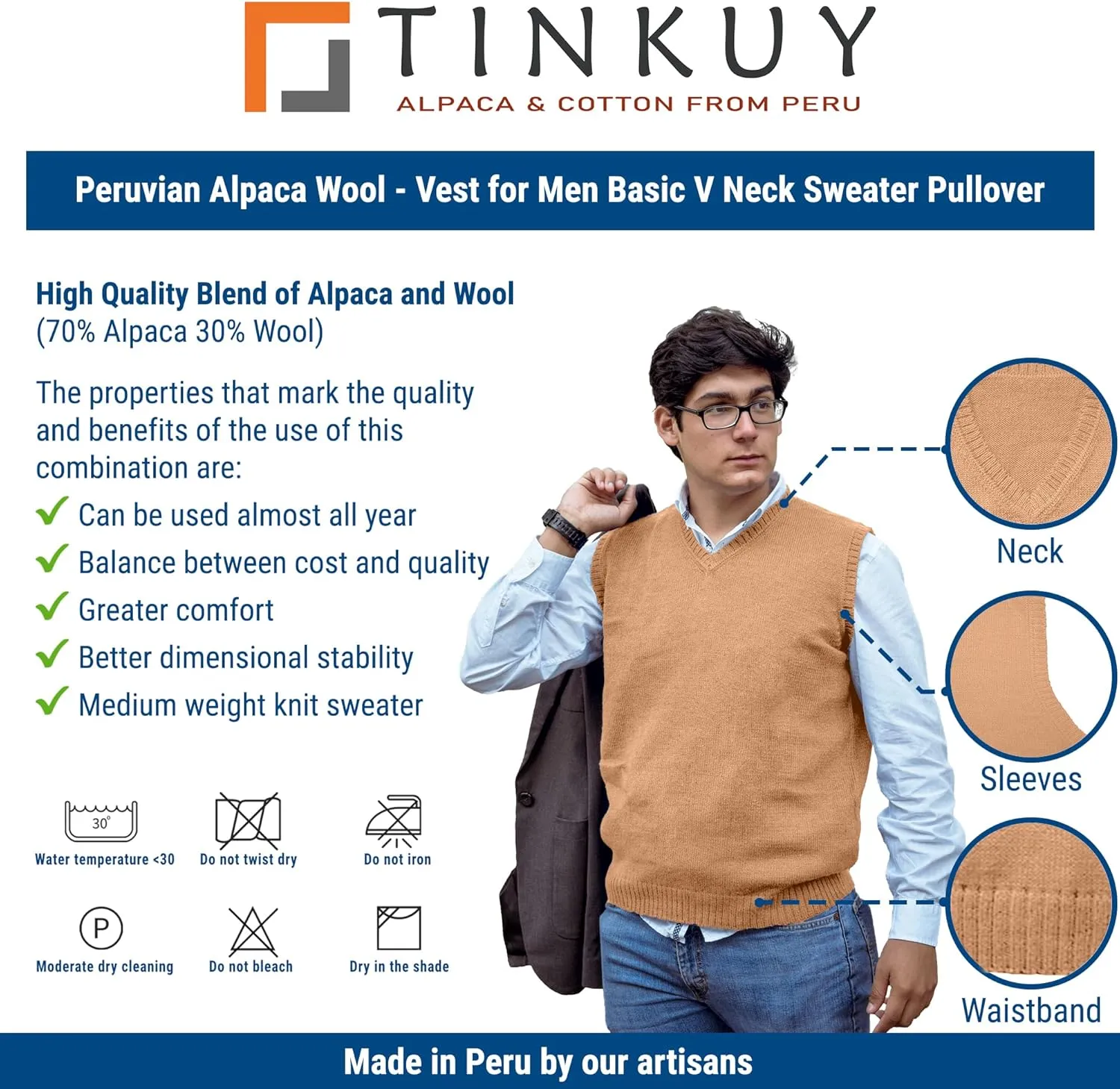 TINKUY Peru Men's Alpaca Wool V Neck Sweater Vest, S-4XL