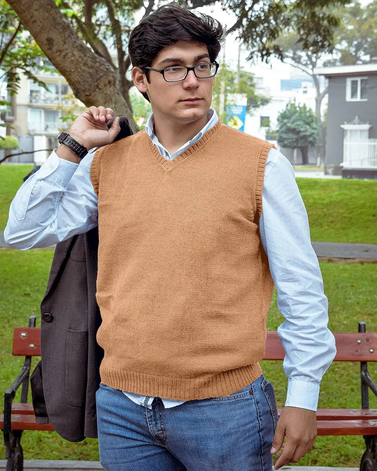TINKUY Peru Men's Alpaca Wool V Neck Sweater Vest, S-4XL