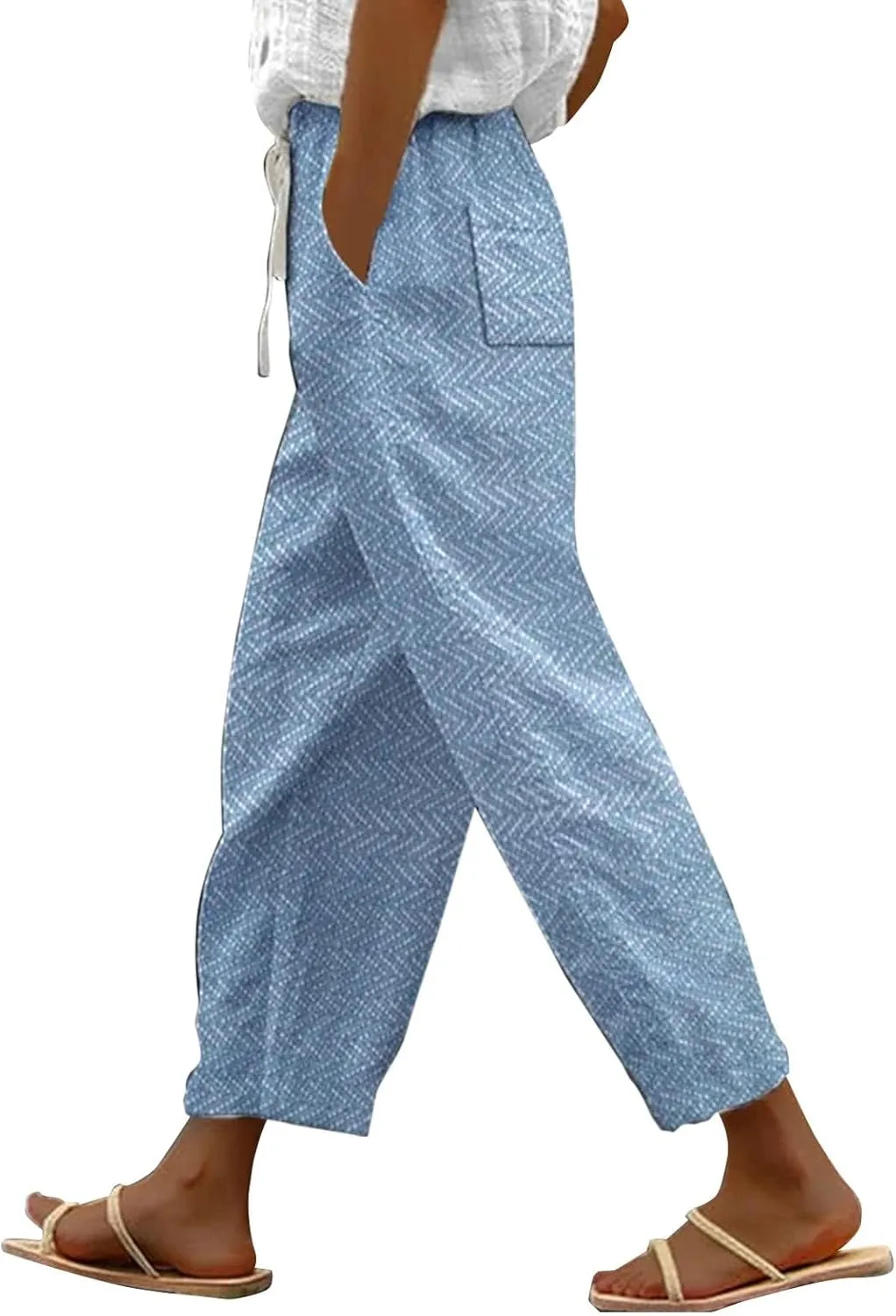 Today Deals Linen Pants Women Summer 2024 Striped Casual Elastic High Waist Straight Leg Loose Boho Trendy Trousers Cropped Trouser, Small, Women1-sky Blue