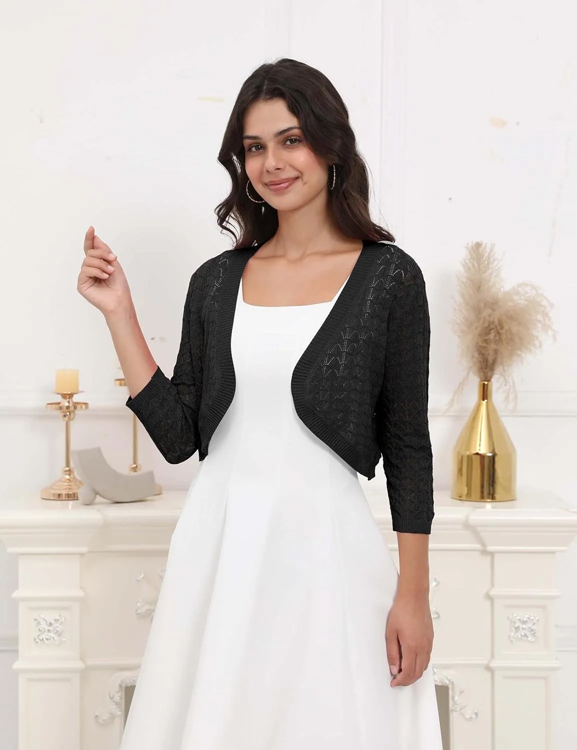 Tralilbee Women's 3/4 Sleeve Cropped Cardigan Knit Bolero Shrug Cardigan Sweater for Women S-XL