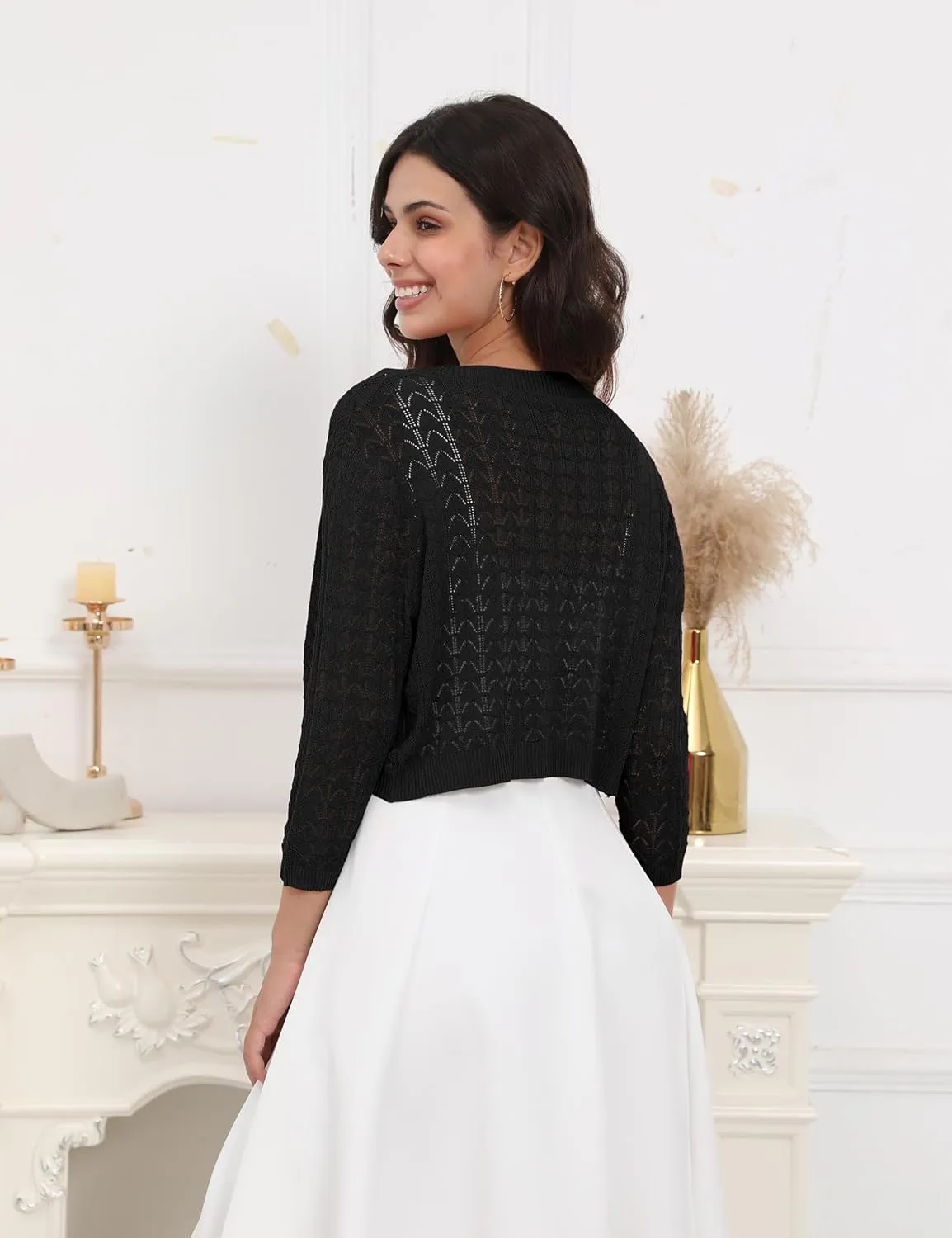 Tralilbee Women's 3/4 Sleeve Cropped Cardigan Knit Bolero Shrug Cardigan Sweater for Women S-XL