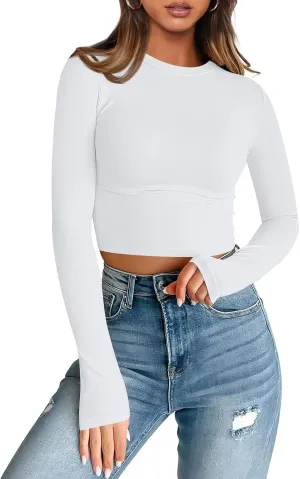 Trendy Queen Womens Long Sleeve Crop Tops Basic Slim Fitted Shirts Fashion 2025 Going Out Y2k Tops Teen Girl Clothes