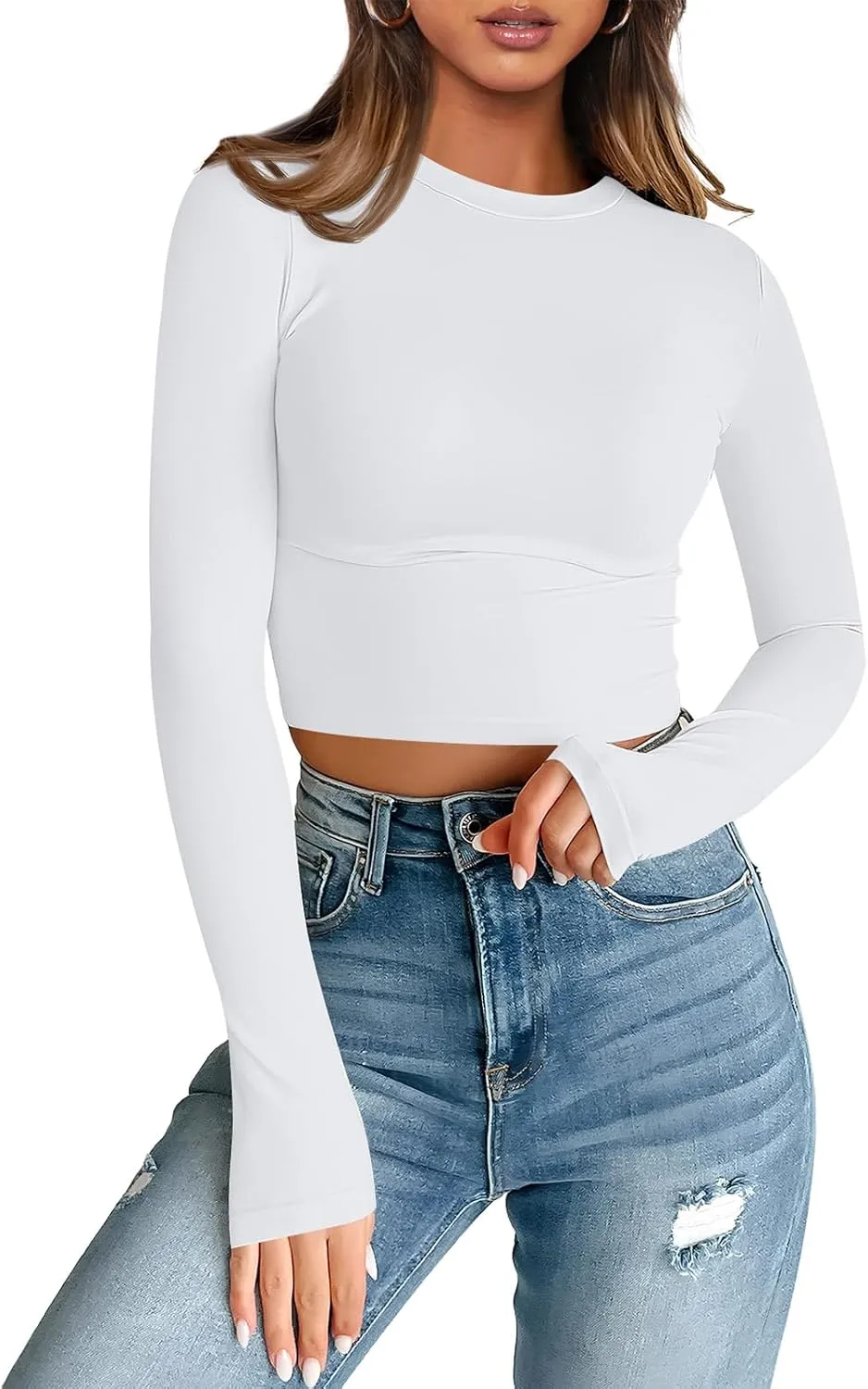 Trendy Queen Womens Long Sleeve Crop Tops Basic Slim Fitted Shirts Fashion 2025 Going Out Y2k Tops Teen Girl Clothes