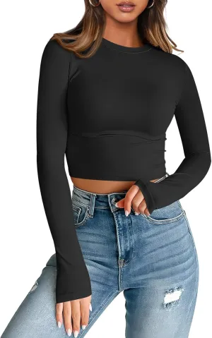 Trendy Queen Womens Long Sleeve Crop Tops Basic Slim Fitted Shirts Fashion 2025 Going Out Y2k Tops Teen Girl Clothes