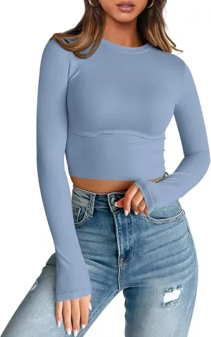 Trendy Queen Womens Long Sleeve Crop Tops Basic Slim Fitted Shirts Fashion 2025 Going Out Y2k Tops Teen Girl Clothes