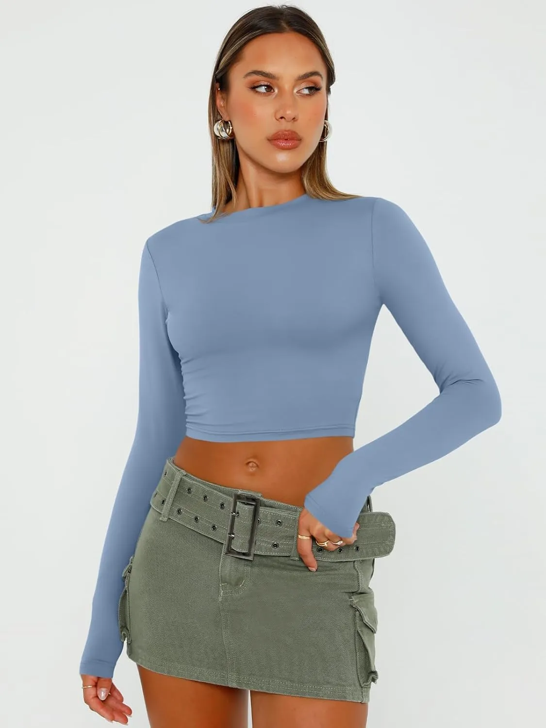 Trendy Queen Womens Long Sleeve Crop Tops Basic Slim Fitted Shirts Fashion 2025 Going Out Y2k Tops Teen Girl Clothes