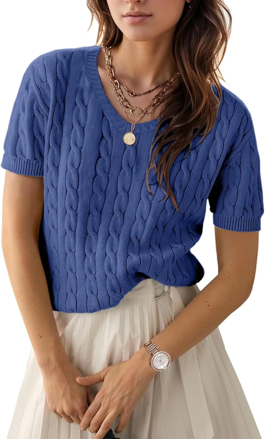 Trendy Summer Tops for Women 2025 Short Sleeve Sweaters V Neck Casual Shirts Cable Knit Cute Blouse Spring Fall Top