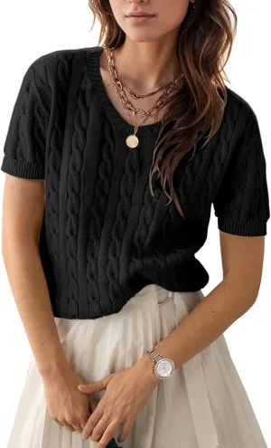 Trendy Summer Tops for Women 2025 Short Sleeve Sweaters V Neck Casual Shirts Cable Knit Cute Blouse Spring Fall Top