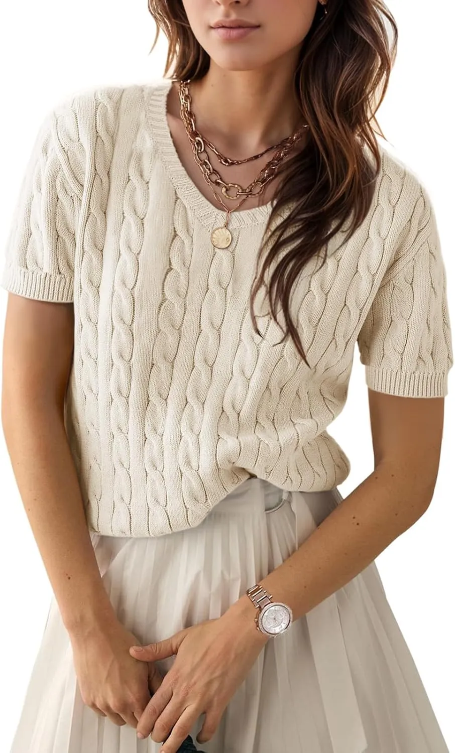 Trendy Summer Tops for Women 2025 Short Sleeve Sweaters V Neck Casual Shirts Cable Knit Cute Blouse Spring Fall Top