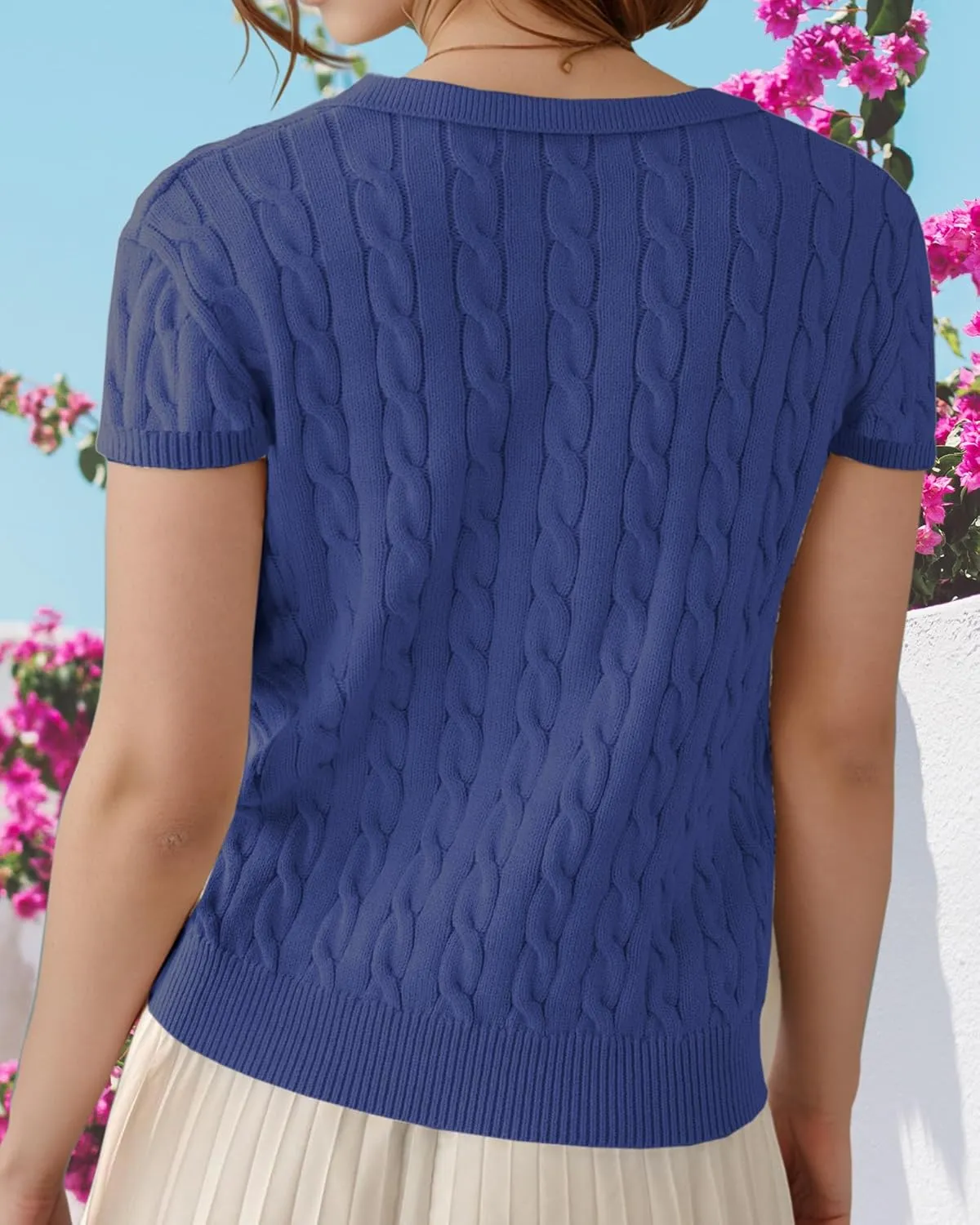 Trendy Summer Tops for Women 2025 Short Sleeve Sweaters V Neck Casual Shirts Cable Knit Cute Blouse Spring Fall Top