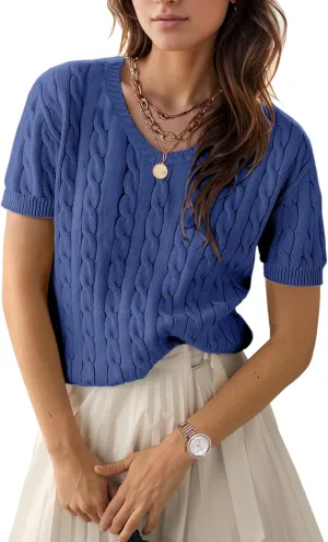 Trendy Summer Tops for Women 2025 Short Sleeve Sweaters V Neck Casual Shirts Cable Knit Cute Blouse Spring Fall Top
