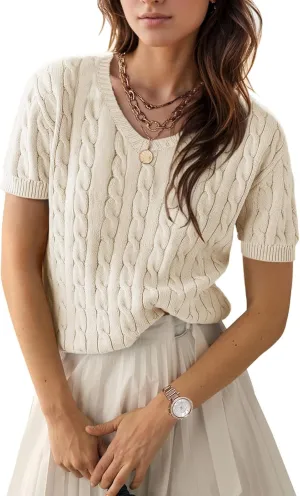 Trendy Summer Tops for Women 2025 Short Sleeve Sweaters V Neck Casual Shirts Cable Knit Cute Blouse Spring Fall Top