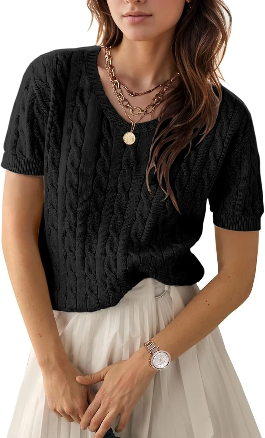 Trendy Summer Tops for Women 2025 Short Sleeve Sweaters V Neck Casual Shirts Cable Knit Cute Blouse Spring Fall Top