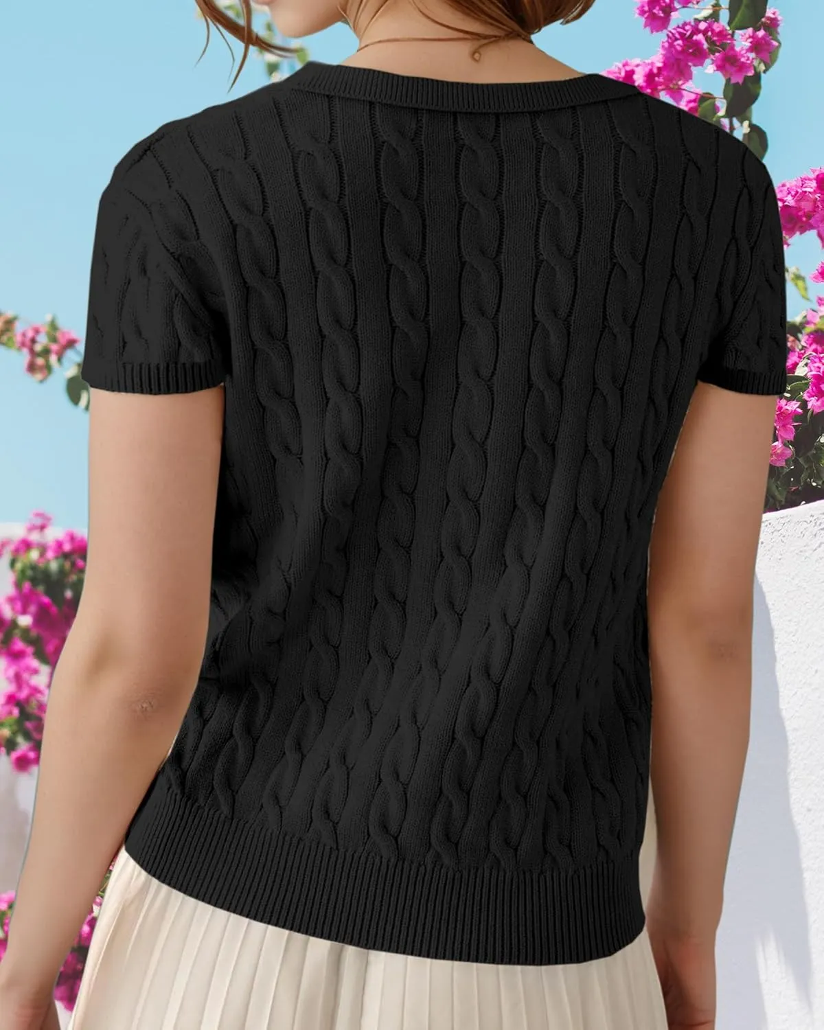 Trendy Summer Tops for Women 2025 Short Sleeve Sweaters V Neck Casual Shirts Cable Knit Cute Blouse Spring Fall Top