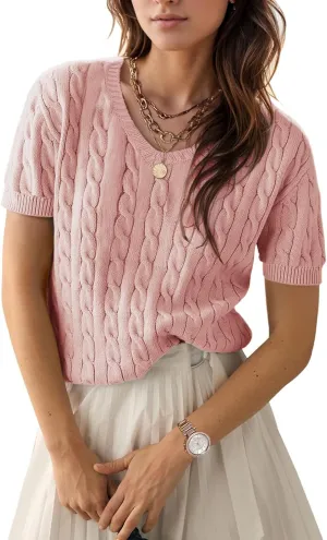 Trendy Summer Tops for Women 2025 Short Sleeve Sweaters V Neck Casual Shirts Cable Knit Cute Blouse Spring Fall Top