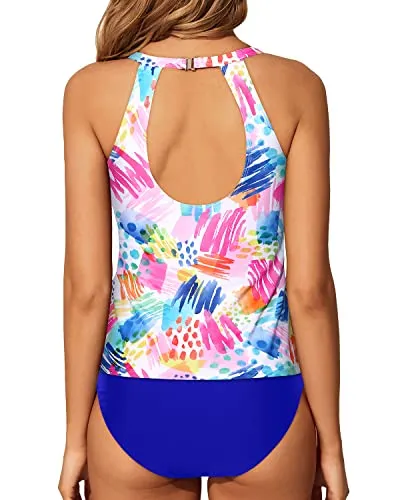 Trendy Swim Top & High Waisted Bottom Tummy Control Tankini Swim Suit-Colorful Watercolor