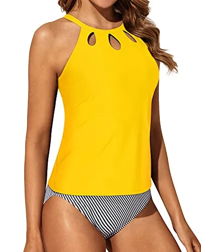 Tummy Control High Waisted Halter Tankini Swimsuits For Women-Yellow Stripe