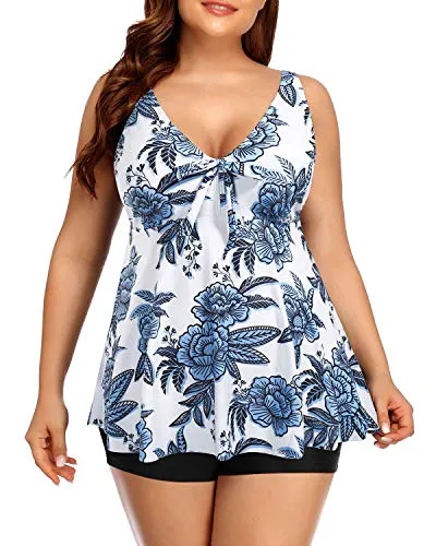 Tummy Control Swimwear Flattering Fit For Ladies-White And Blue Floral