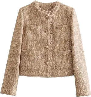 uhnmki Crop Tweed Blazer Jacket Women Collarless Open Front Button Down Business Work Casual Wool Jacket Coat