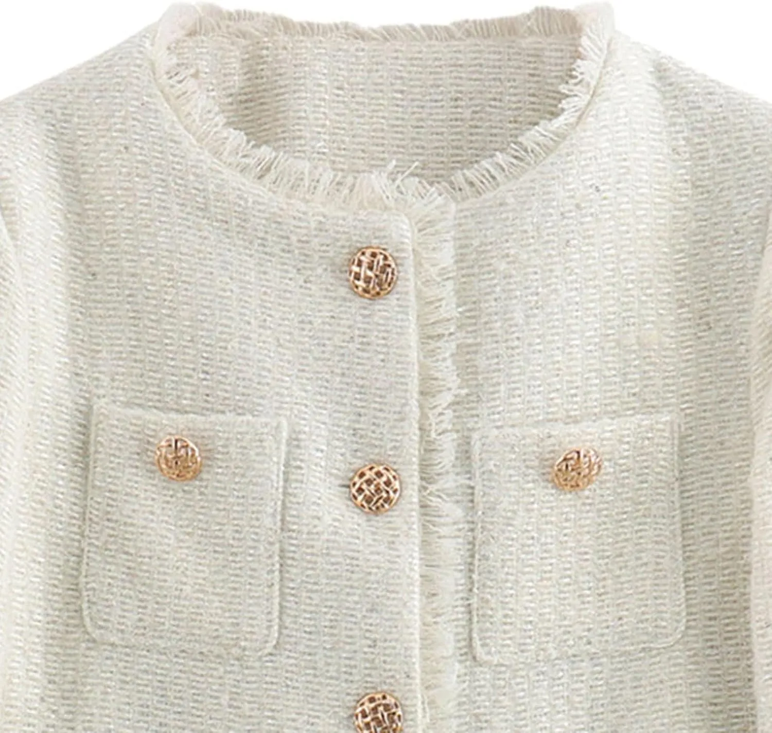 uhnmki Crop Tweed Blazer Jacket Women Collarless Open Front Button Down Business Work Casual Wool Jacket Coat