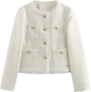 uhnmki Crop Tweed Blazer Jacket Women Collarless Open Front Button Down Business Work Casual Wool Jacket Coat