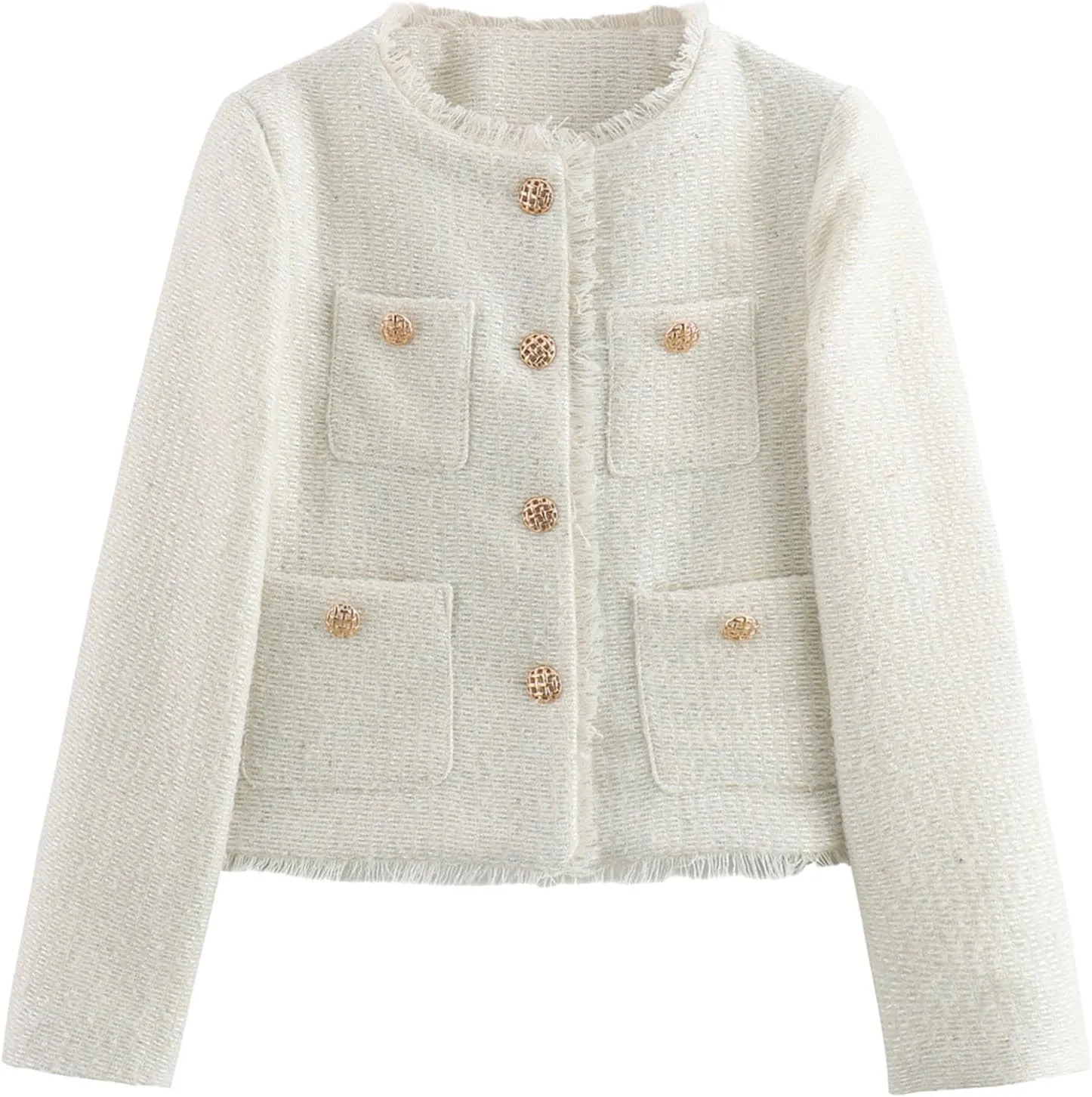 uhnmki Crop Tweed Blazer Jacket Women Collarless Open Front Button Down Business Work Casual Wool Jacket Coat