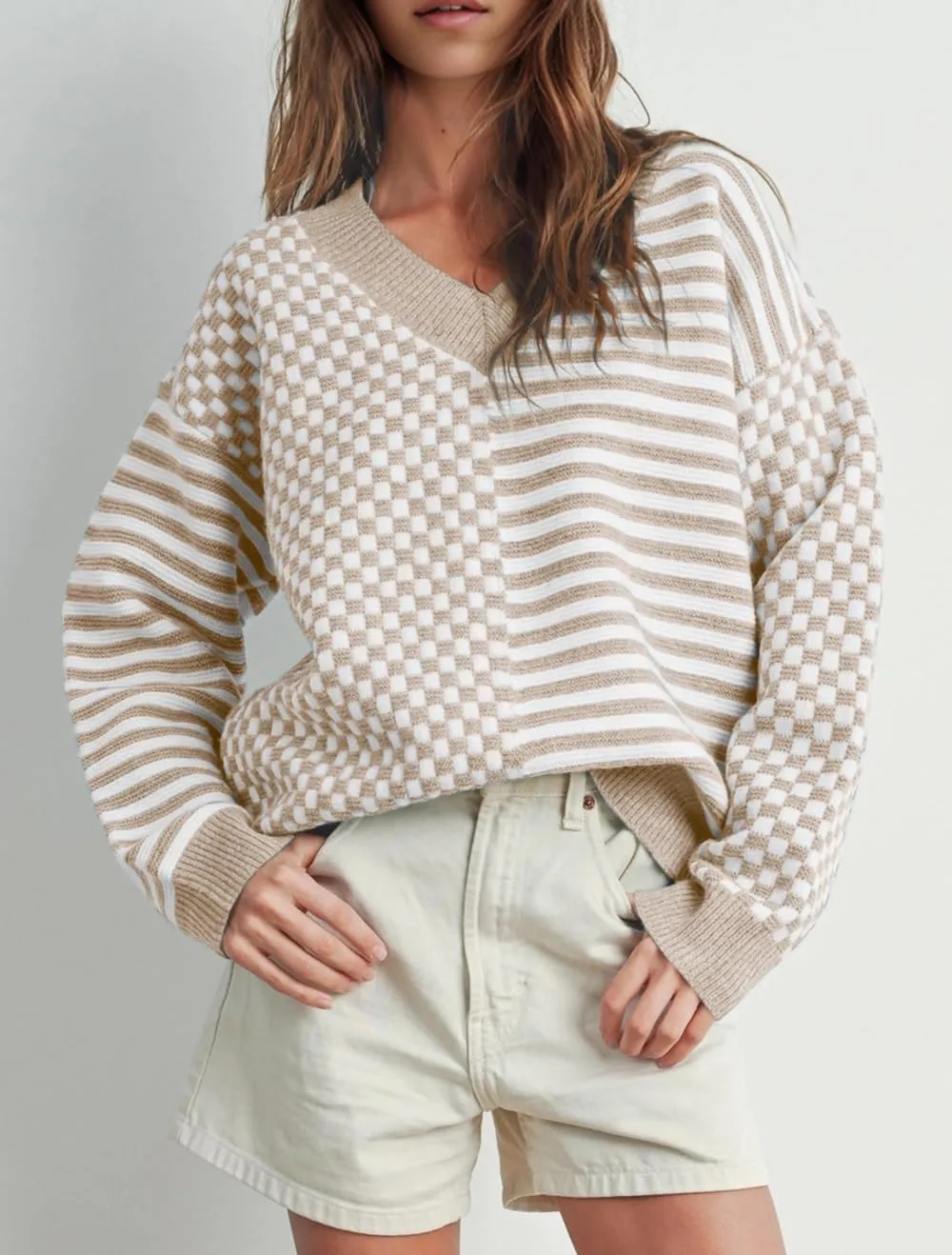 UNCLECAT Women's Striped Checkered Sweater 2024 V Neck Fall Sweaters Casual Knit Trendy Pullover Tops