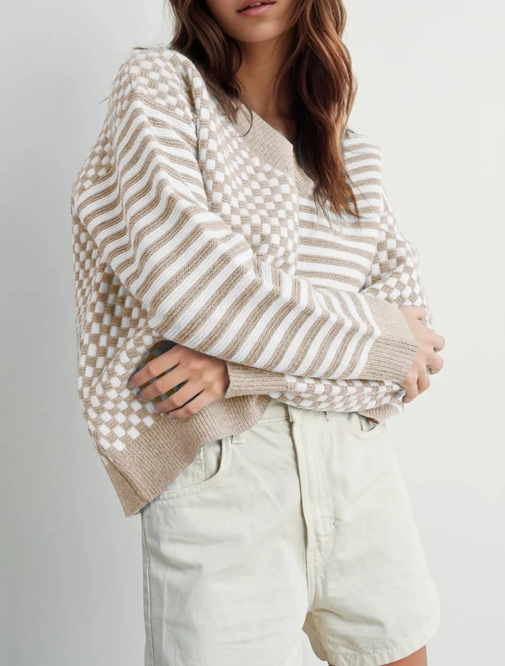 UNCLECAT Women's Striped Checkered Sweater 2024 V Neck Fall Sweaters Casual Knit Trendy Pullover Tops