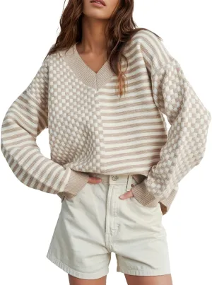 UNCLECAT Women's Striped Checkered Sweater 2024 V Neck Fall Sweaters Casual Knit Trendy Pullover Tops