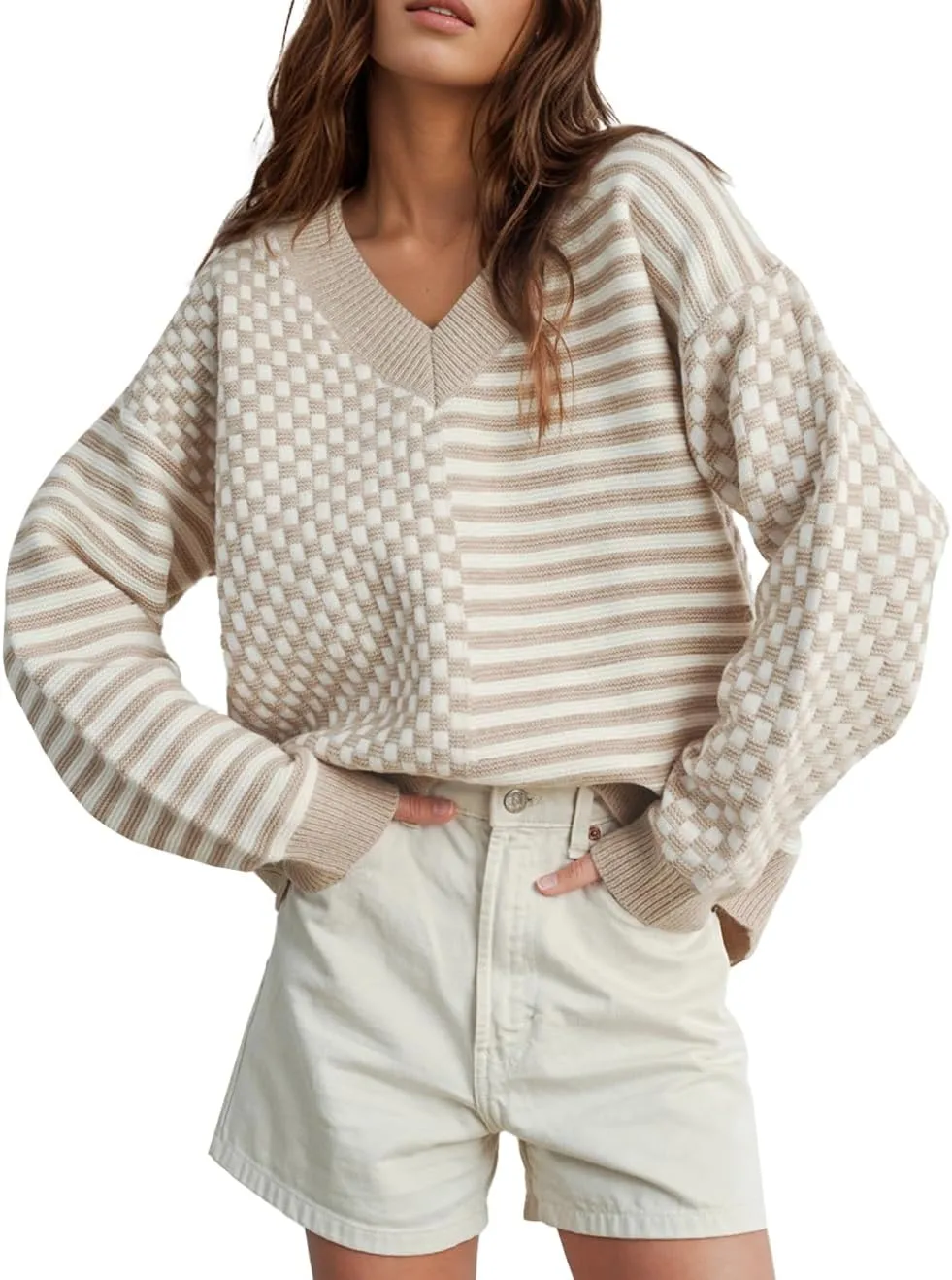 UNCLECAT Women's Striped Checkered Sweater 2024 V Neck Fall Sweaters Casual Knit Trendy Pullover Tops