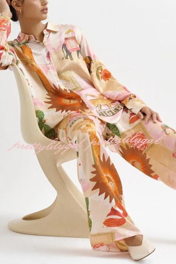 Unique Printed Casual Long Sleeved Shirt Top and Elastic Waist Loose Pants Sets