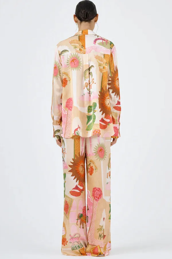Unique Printed Casual Long Sleeved Shirt Top and Elastic Waist Loose Pants Sets