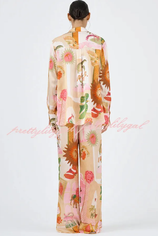 Unique Printed Casual Long Sleeved Shirt Top and Elastic Waist Loose Pants Sets