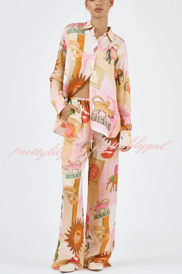 Unique Printed Casual Long Sleeved Shirt Top and Elastic Waist Loose Pants Sets