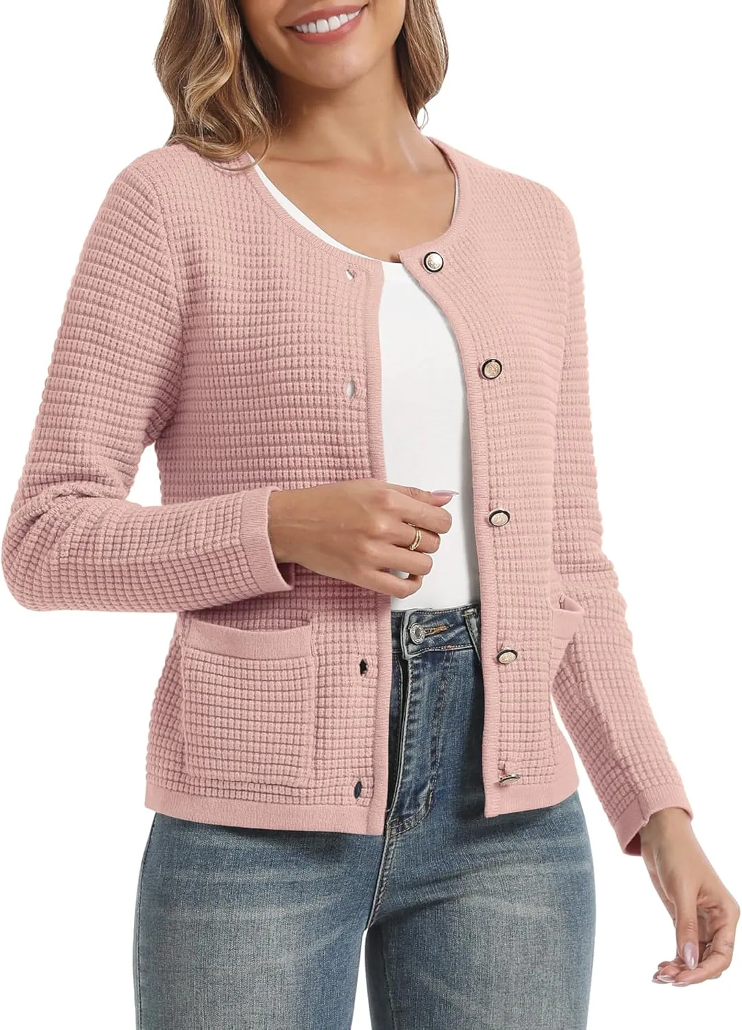 Urban CoCo Women's Open Front Cropped Cardigan Sweaters for Women Trendy Crewneck Button Down Knit Sweater Jacket